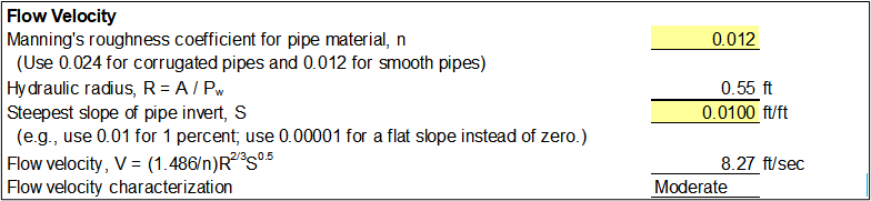 Step 2 of Steel and Aluminum Pipe worksheet: Flow velocity characterization.